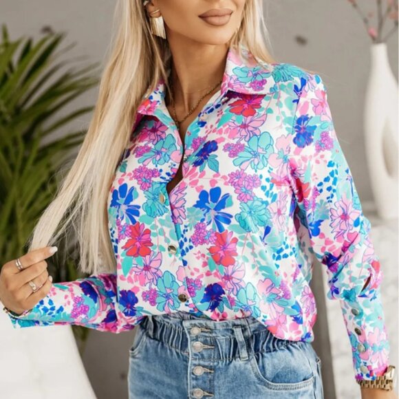 Blue With Print Roses Casual Long Sleeve Shirt 44098
